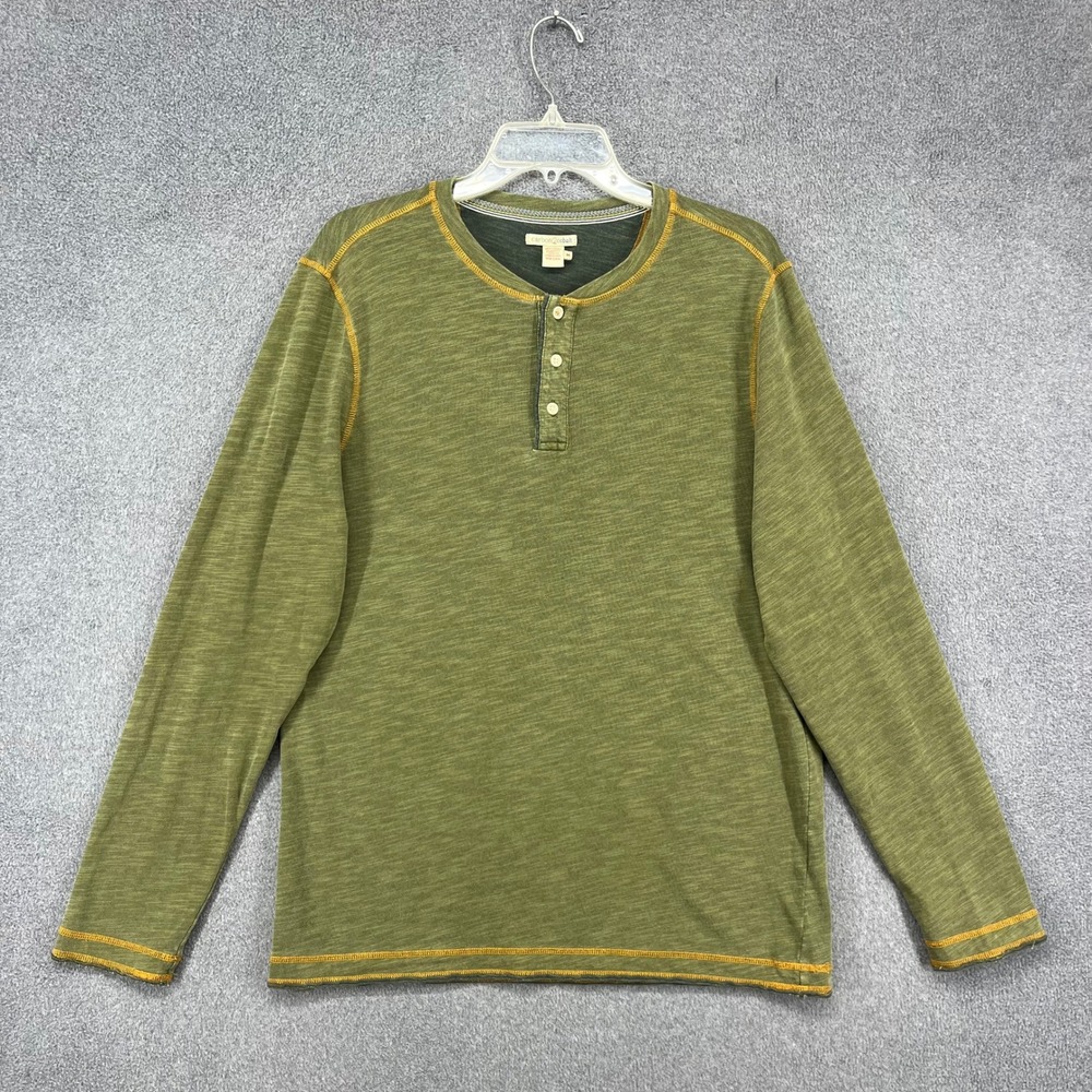 Carbon2Cobalt Henley Mens M Olive Green Slub Knit Long Sleeve Contrast Stitch